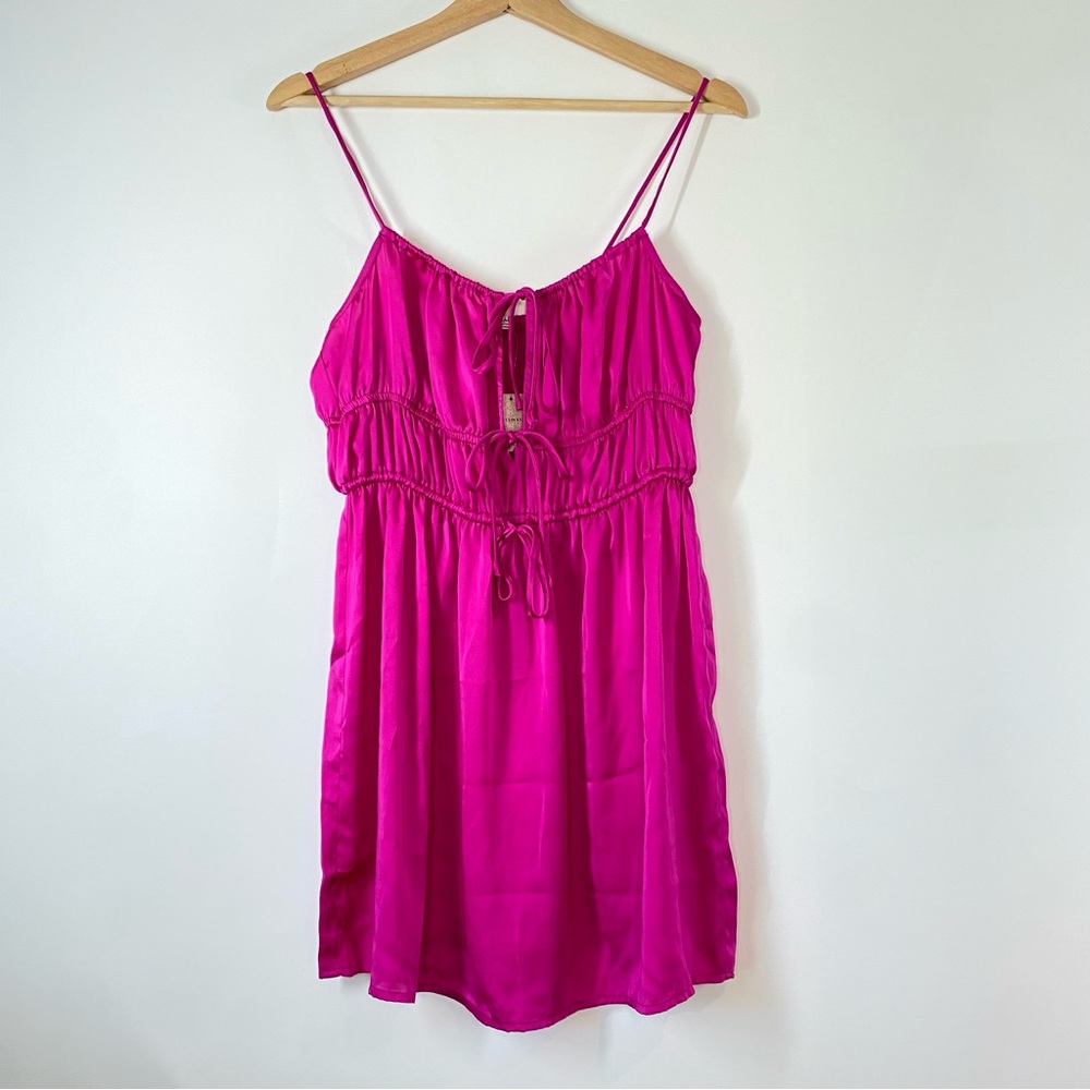 Free People Hot Pink Meant To Be Magenta Satin Tie-Front Mini Slip Dress Size M